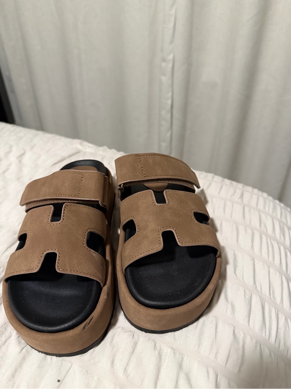SHEIN Tan Slide Sandals with Black Footbed
